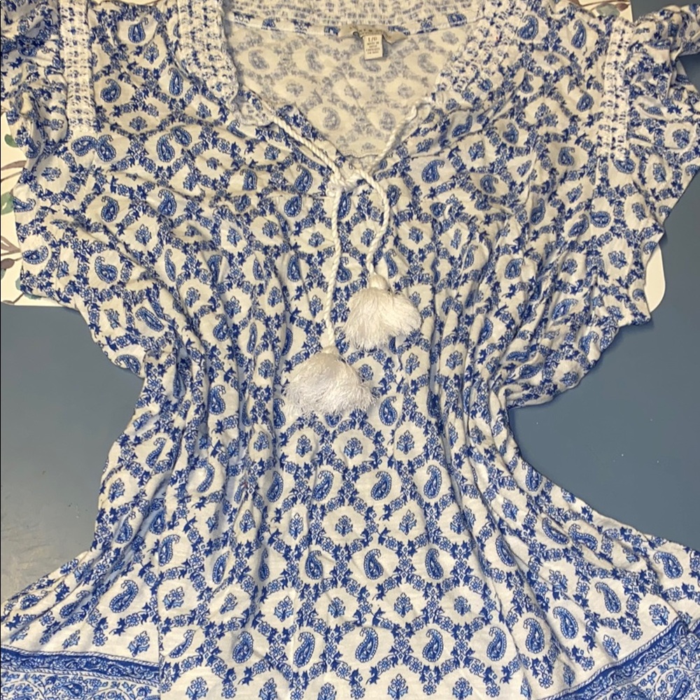 Lucky Brand Blue and White Tie Front Blouse
